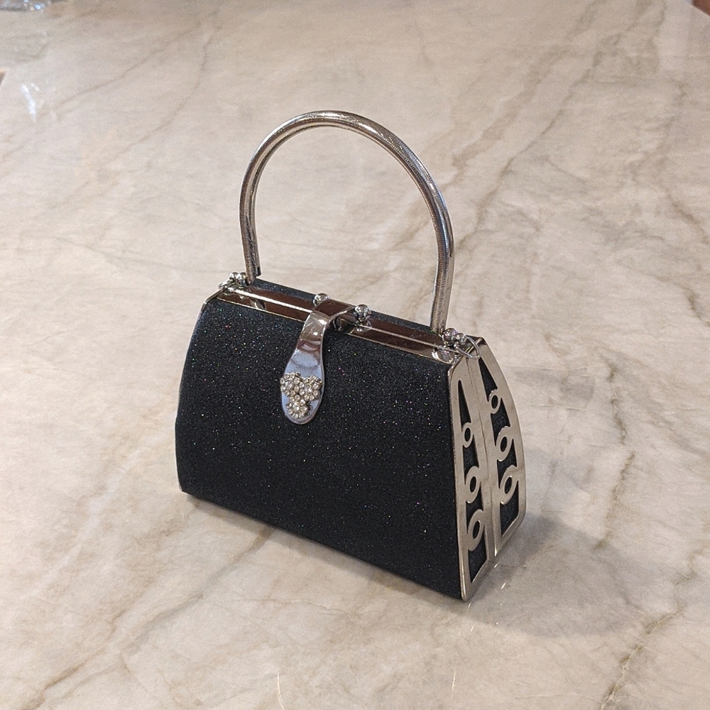 Unusual Black Glitter Mini Bag Evening Bag with Silver Chrome Basket Cage Trim